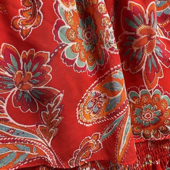 Red Paisley Floral Print Off-Shoulder Boho Chic Bohemian Tiered Maxi Dress Sz 6 - Picture 15 of 16